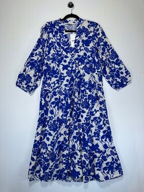 ONLY Blue White Floral Button Down Dress V-Neck 7/8 Sleeve Size XS